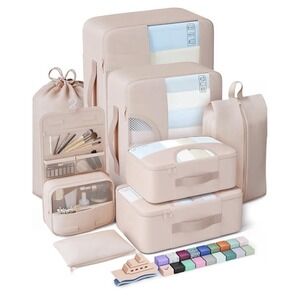 10 Piece Set Packing Cubes for Travel Essentials Suitcase Organizer Bags Cream[K